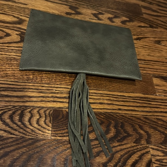 Anthropologie Street Level faux pebbled leather olive tasseled envelope clutch. - Picture 2 of 6
